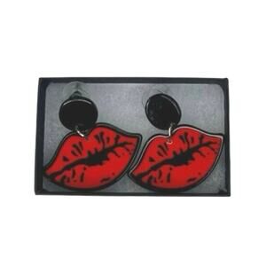 Red Lips Acrylic Statement Drop Earrings Y2K Pop Art Black Stud Posts